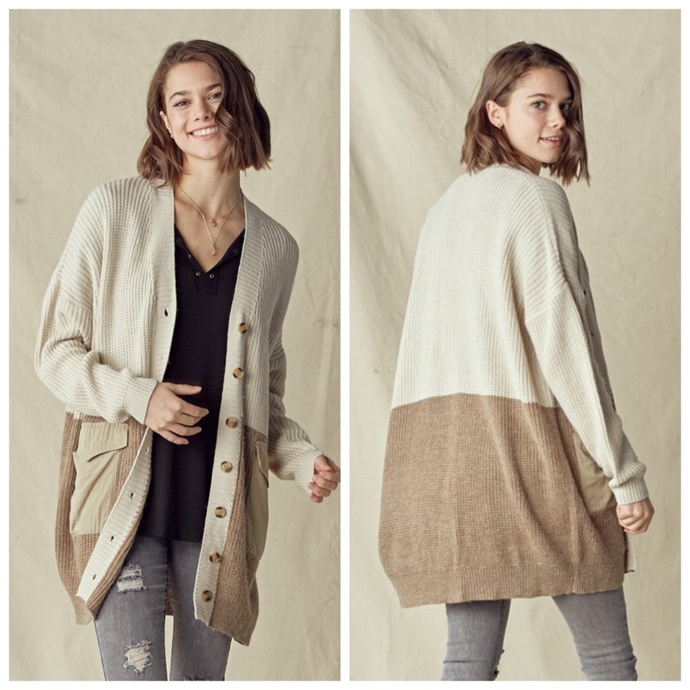 Knit Fall Neutral Cardigan Taupe Color Block Long Pocket Cardigan